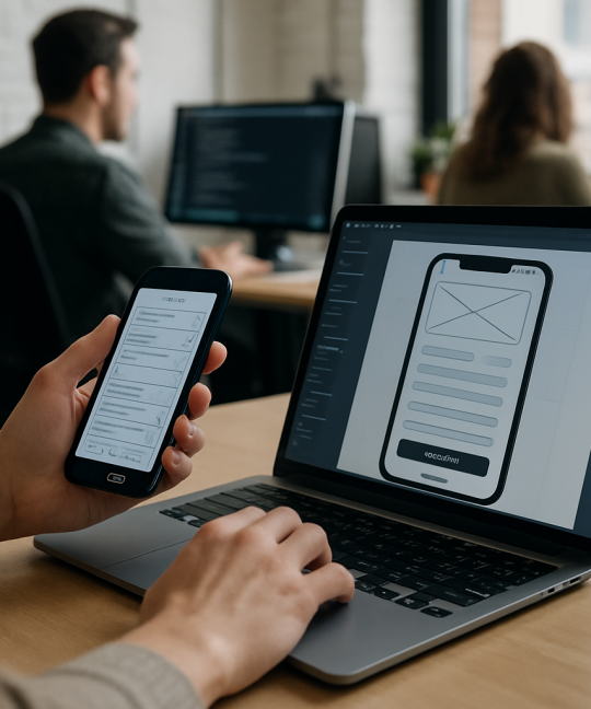 Designer sketching mobile navigation UX patterns on a tablet next to a phone prototype