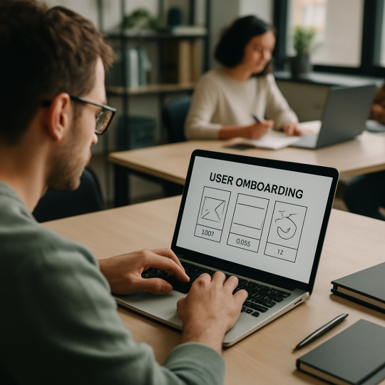 Designer sketching an onboarding UX flow on a whiteboard to boost user activation