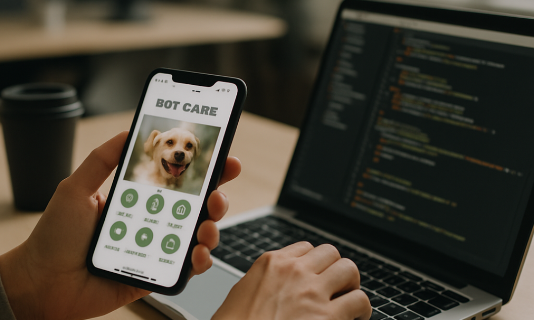 Mobile screen showing pet care app features including vet booking and health tracking