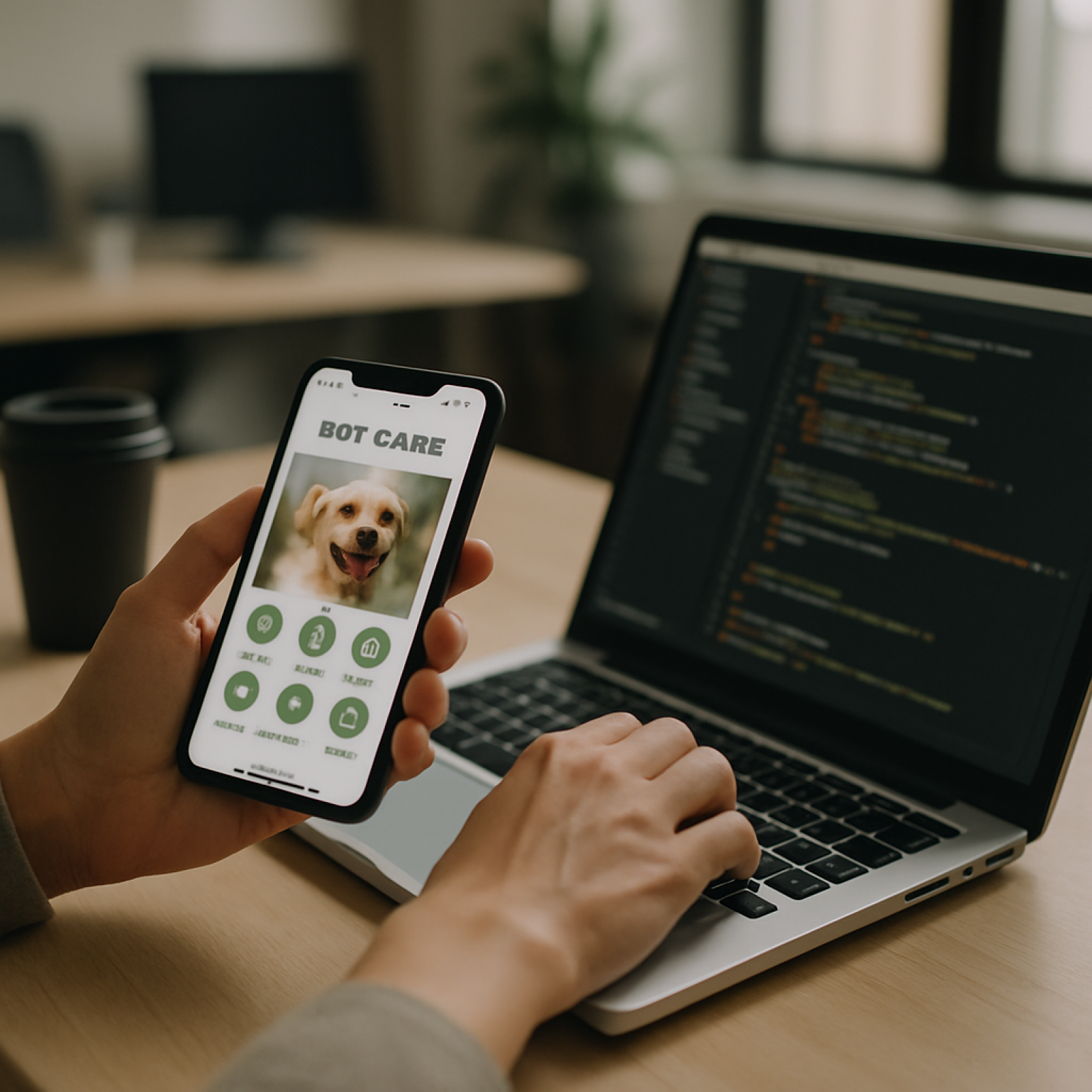 Mobile screen showing pet care app features including vet booking and health tracking