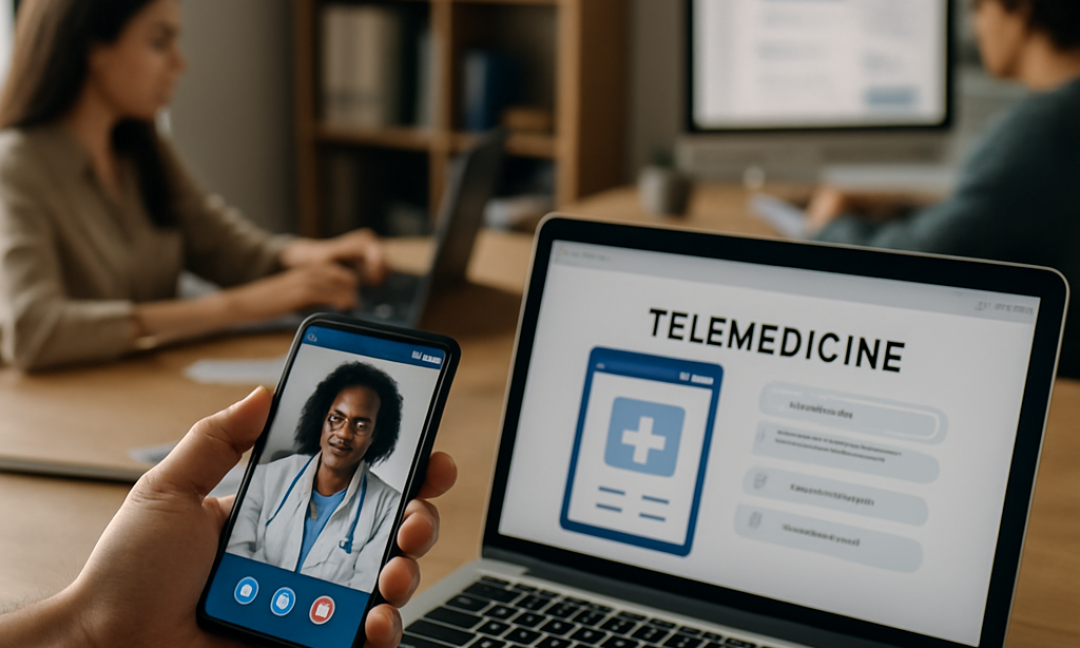 Doctor and patient using telemedicine app features on a smartphone during a video consultation