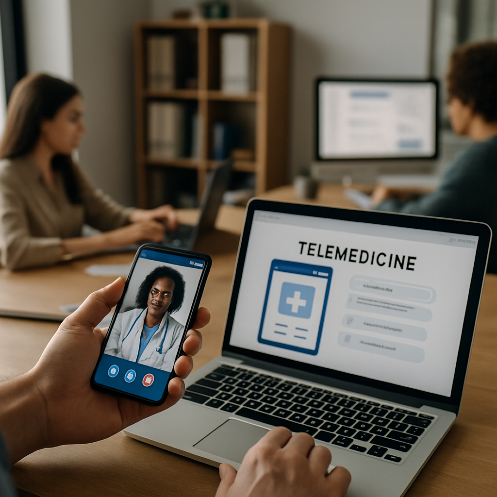 Doctor and patient using telemedicine app features on a smartphone during a video consultation