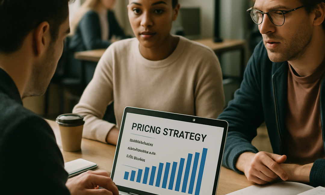 Founder whiteboarding a startup pricing strategy with tiered plans and metrics