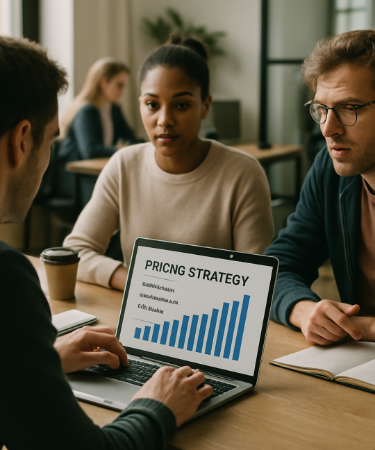 Founder whiteboarding a startup pricing strategy with tiered plans and metrics