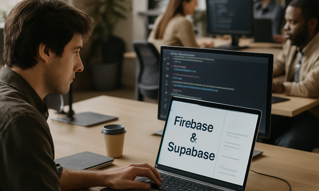 Developer comparing Firebase vs Supabase backend platforms on a laptop screen