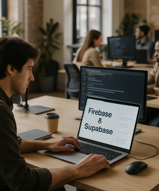 Developer comparing Firebase vs Supabase backend platforms on a laptop screen