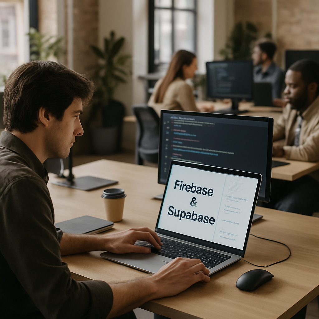 Developer comparing Firebase vs Supabase backend platforms on a laptop screen