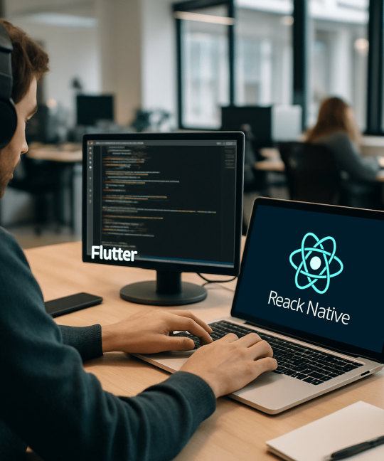 Side by side comparison chart showing Flutter vs React Native for startup mobile app development in 2026