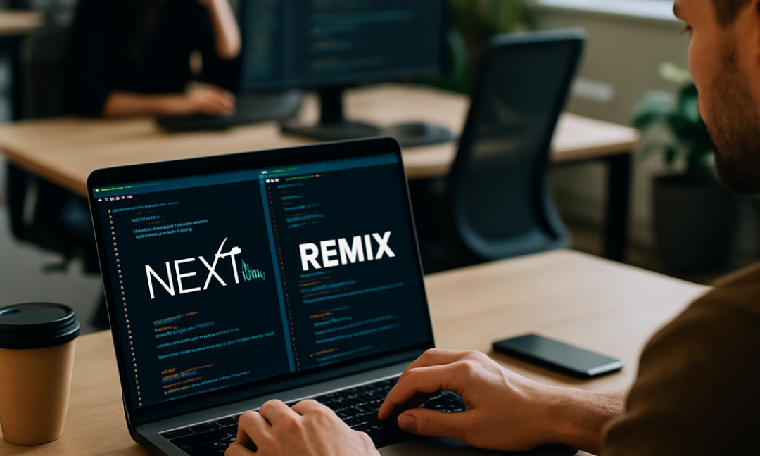 Developer comparing Next.js vs Remix frameworks on a dual monitor setup