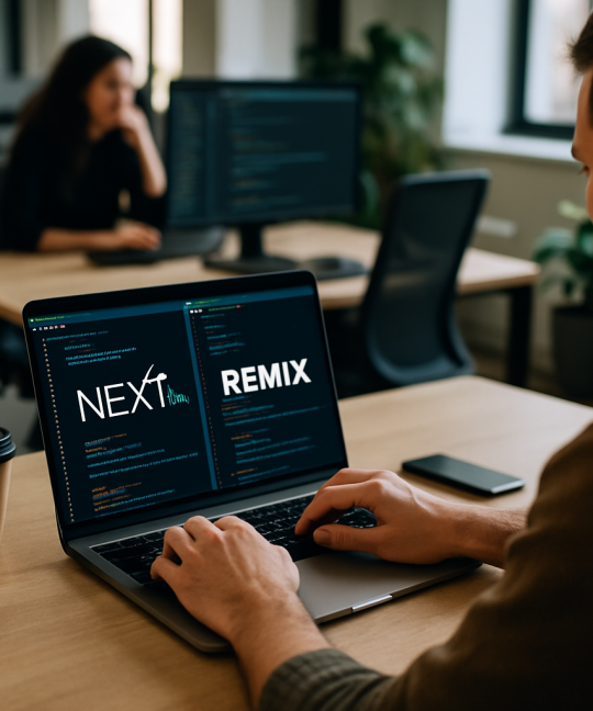 Developer comparing Next.js vs Remix frameworks on a dual monitor setup