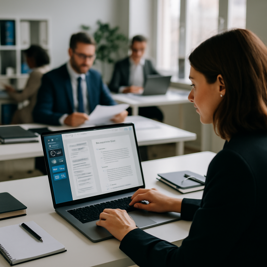 Lawyer reviewing contracts with AI document automation software on a laptop