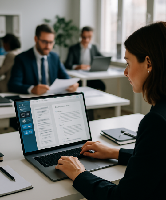 Lawyer reviewing contracts with AI document automation software on a laptop