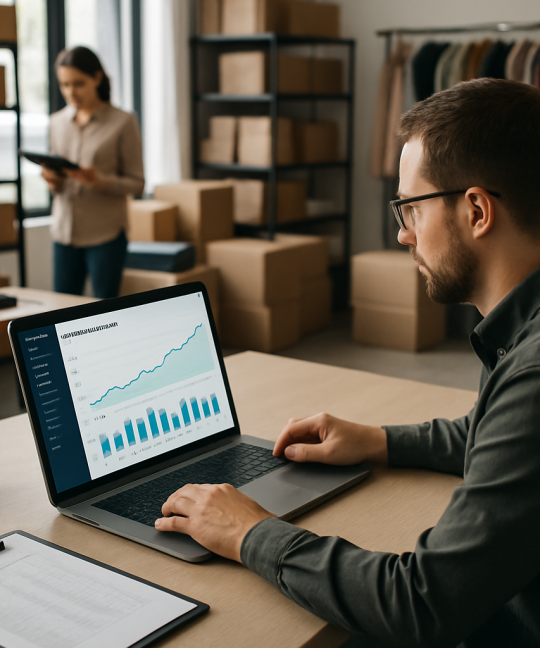 Retail manager reviewing AI inventory forecasting dashboard on tablet in warehouse