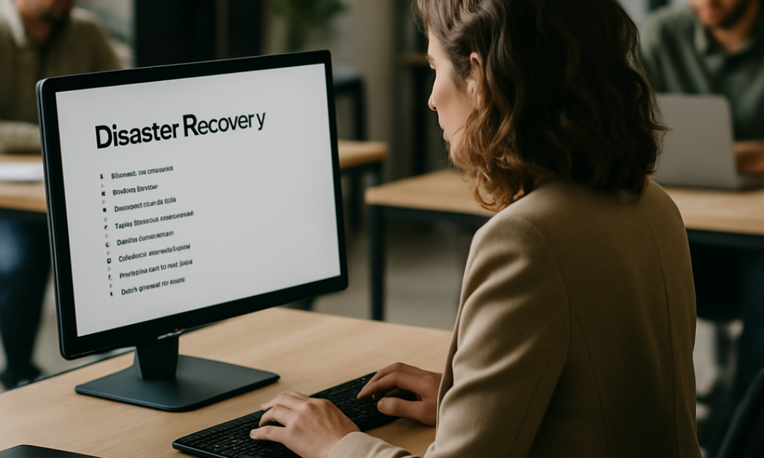 Attorney reviewing law firm disaster recovery plan on laptop in modern office