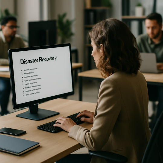 Attorney reviewing law firm disaster recovery plan on laptop in modern office