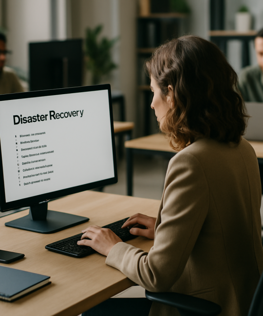 Attorney reviewing law firm disaster recovery plan on laptop in modern office