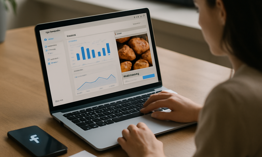 Baker reviewing bakery Facebook ads performance on a laptop next to fresh pastries