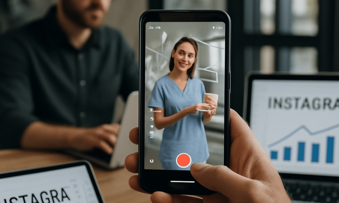 Dentist filming Instagram Reels for dentists content in a modern clinic