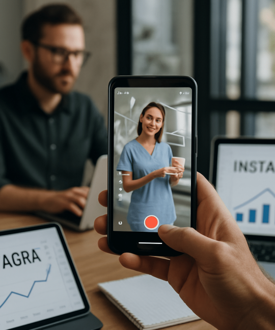Dentist filming Instagram Reels for dentists content in a modern clinic