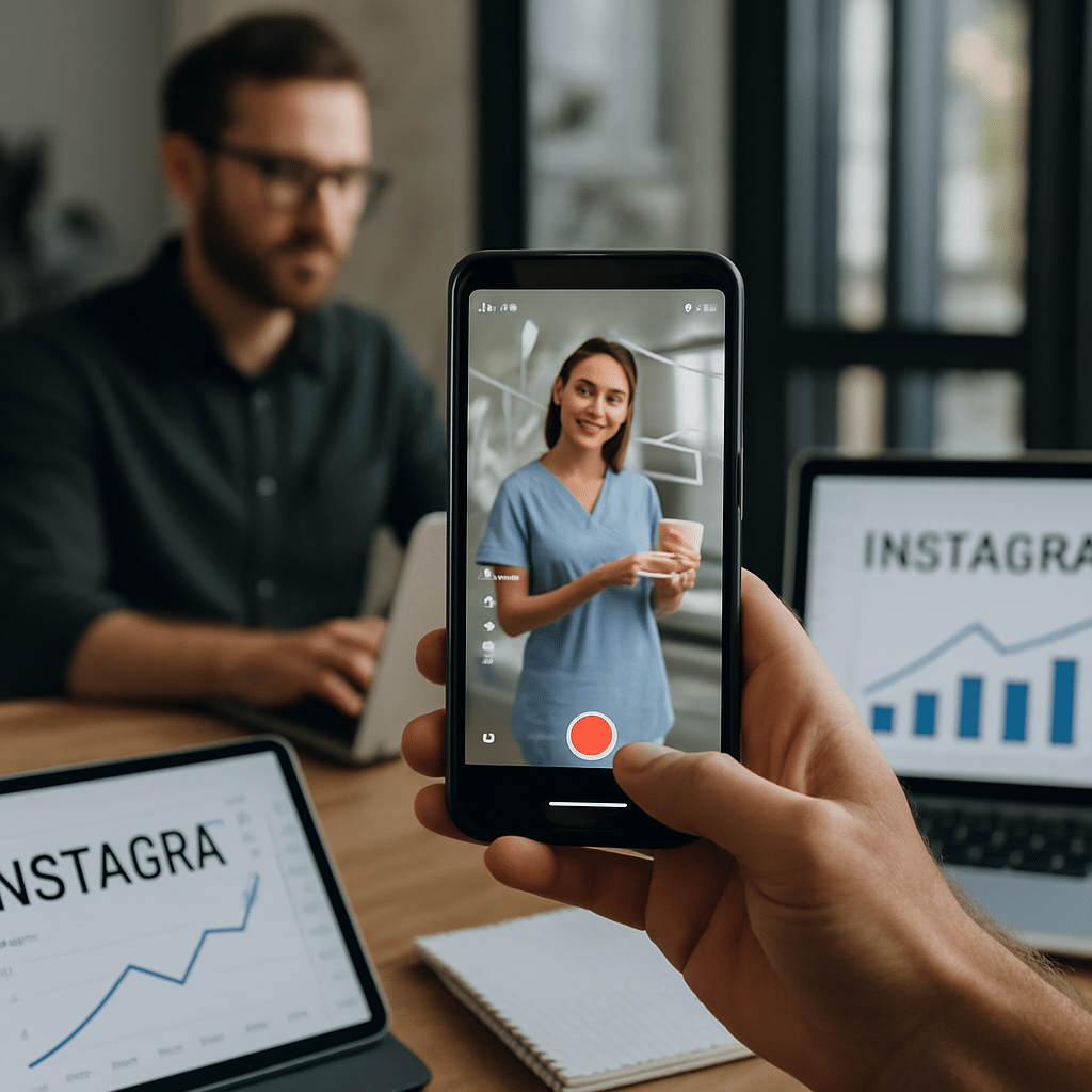 Dentist filming Instagram Reels for dentists content in a modern clinic