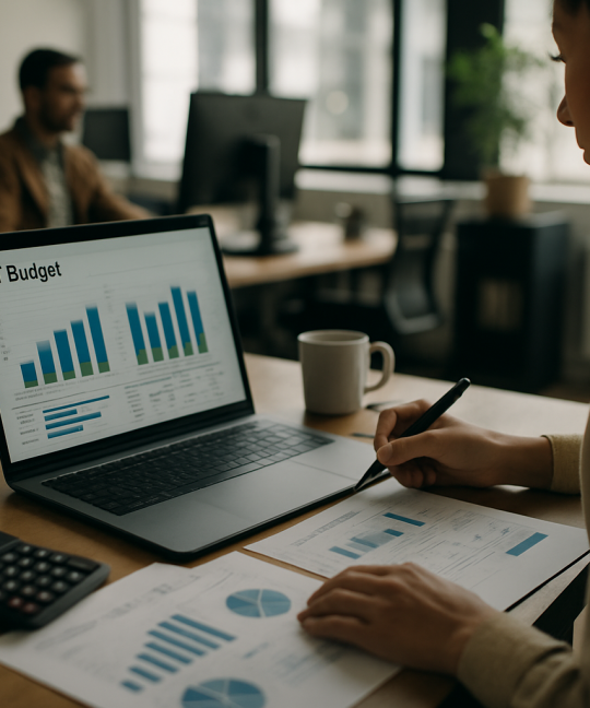 Nonprofit staff reviewing nonprofit IT budget planning documents on a laptop