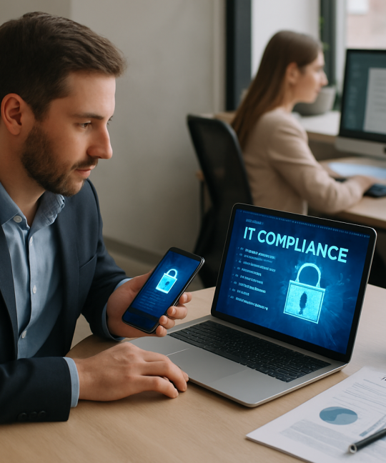 Insurance agent reviewing IT compliance for insurance agencies checklist on a laptop