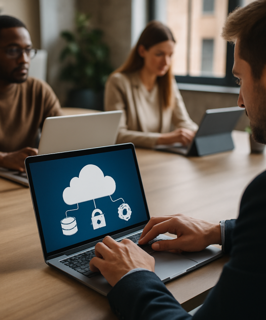 Attorney reviewing a multi-cloud strategy dashboard across AWS, Azure, and Google Cloud