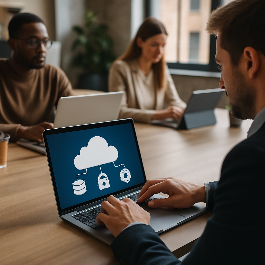 Attorney reviewing a multi-cloud strategy dashboard across AWS, Azure, and Google Cloud