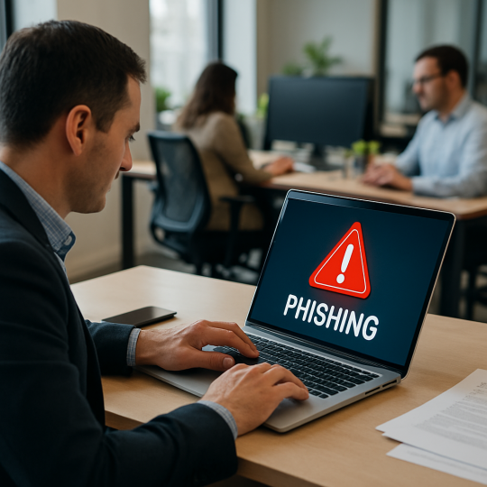 Lawyer reviewing suspicious email with phishing prevention alert on screen
