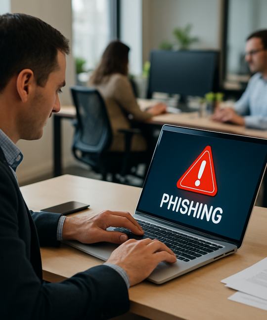 Lawyer reviewing suspicious email with phishing prevention alert on screen