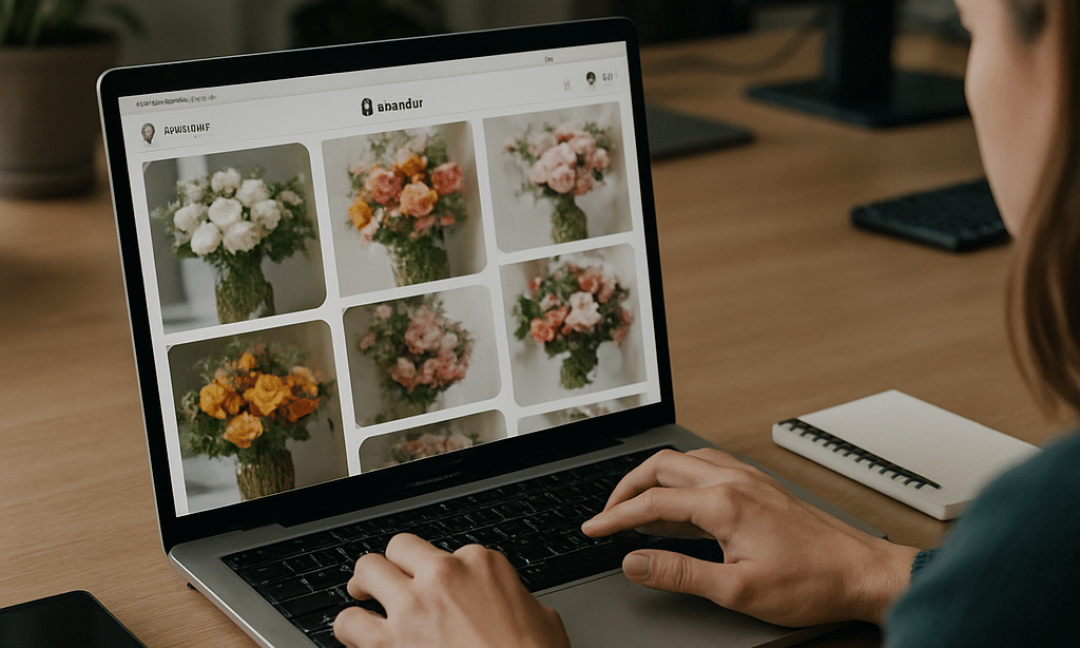 Florist using Pinterest marketing tactics on laptop with bouquets nearby
