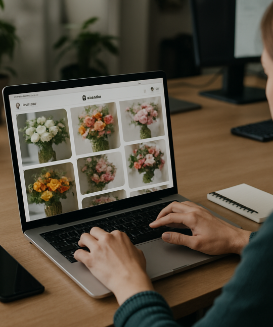 Florist using Pinterest marketing tactics on laptop with bouquets nearby