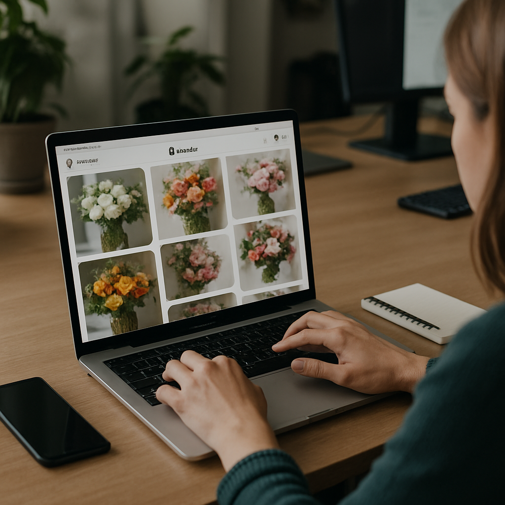 Florist using Pinterest marketing tactics on laptop with bouquets nearby