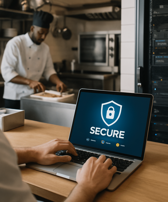 Restaurant manager reviewing ransomware defense strategy on a POS tablet in the kitchen