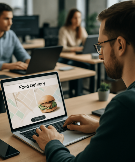 Developer architecting a serverless food delivery app on a cloud dashboard