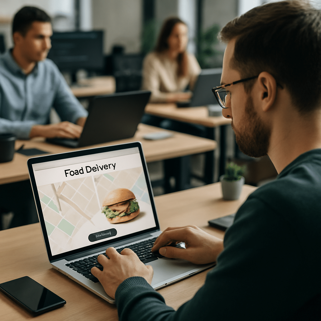 Developer architecting a serverless food delivery app on a cloud dashboard