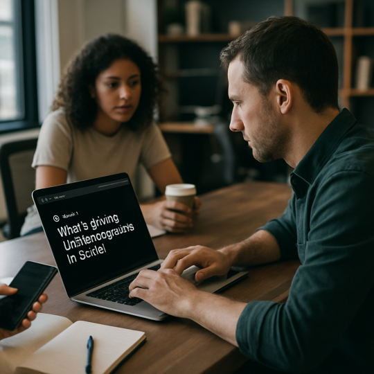 Barista using phone to plan Threads marketing tactics for a busy coffee shop