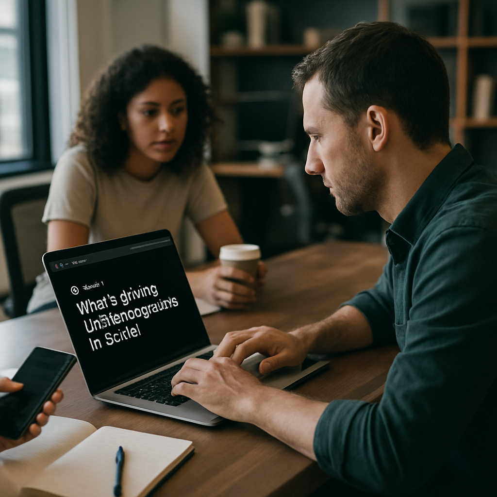 Barista using phone to plan Threads marketing tactics for a busy coffee shop