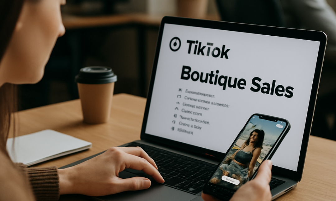 Boutique owner reviewing TikTok ads tactics dashboard on a laptop