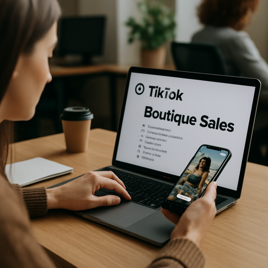 Boutique owner reviewing TikTok ads tactics dashboard on a laptop