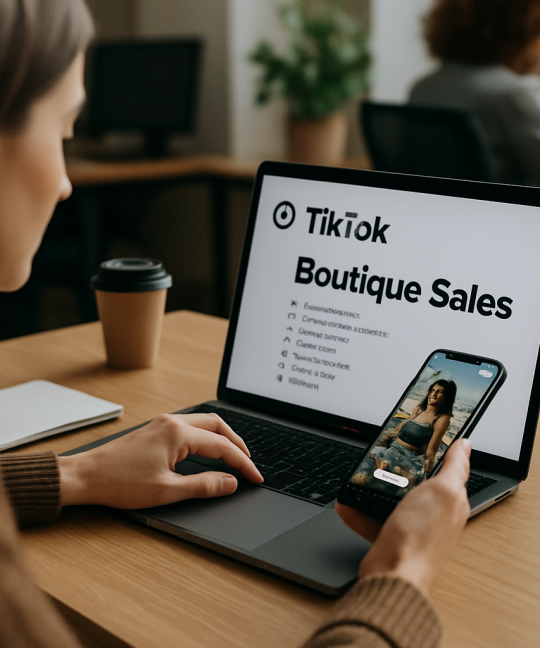 Boutique owner reviewing TikTok ads tactics dashboard on a laptop