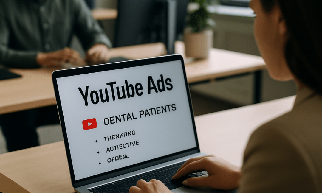 Dental office team reviewing YouTube ads for dentists campaign performance on a laptop