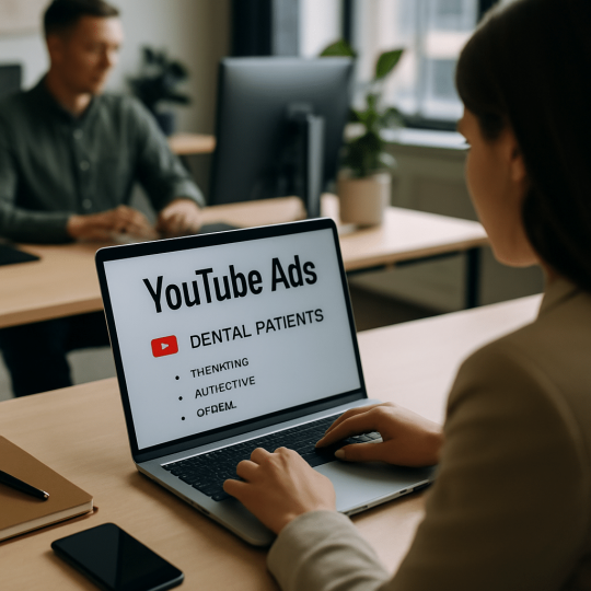 Dental office team reviewing YouTube ads for dentists campaign performance on a laptop