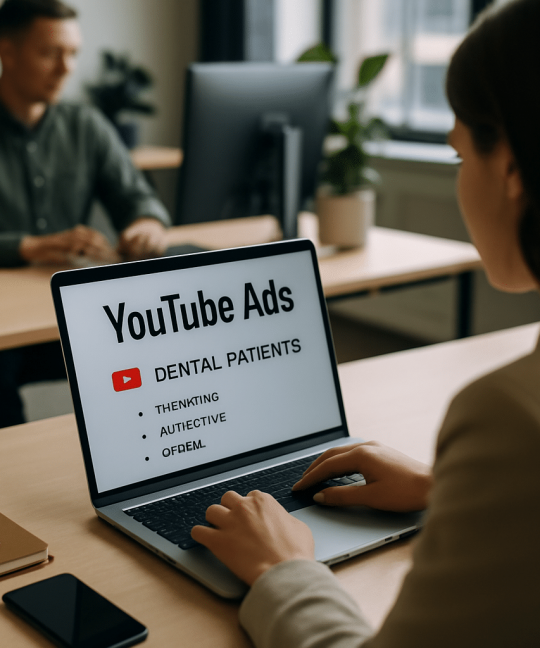 Dental office team reviewing YouTube ads for dentists campaign performance on a laptop