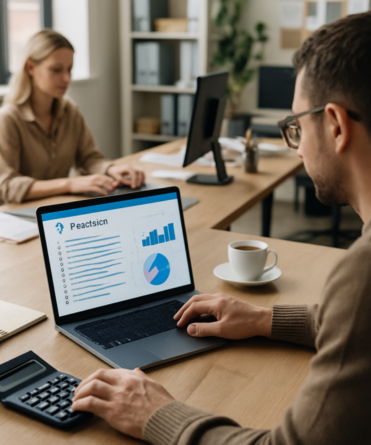 Accountant using an accounting firm web portal dashboard on a laptop screen.