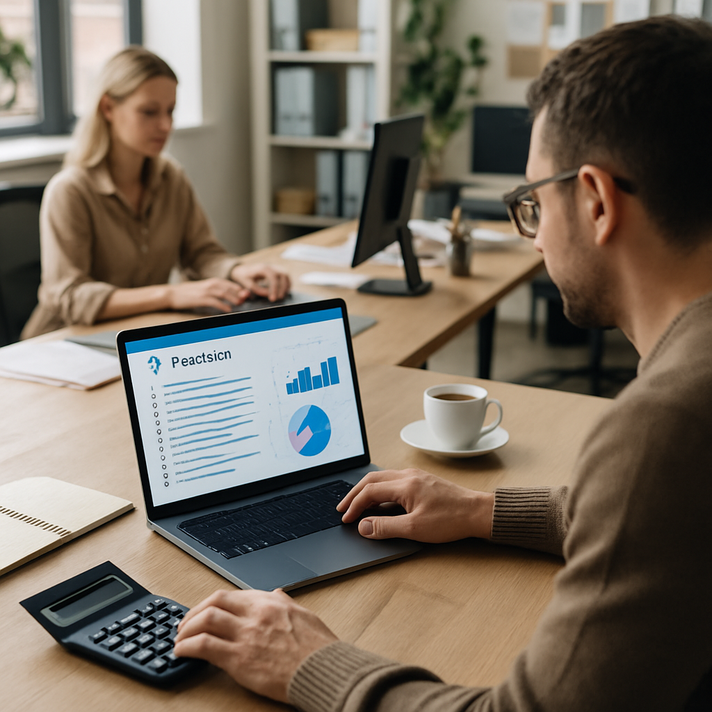 Accountant using an accounting firm web portal dashboard on a laptop screen.