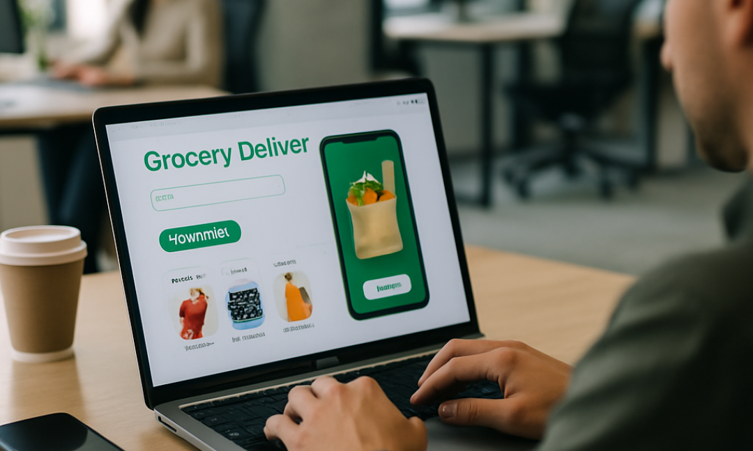 Shopper using grocery delivery app features on a smartphone in a modern kitchen