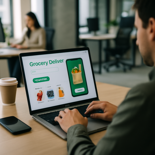 Shopper using grocery delivery app features on a smartphone in a modern kitchen
