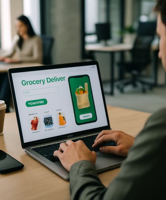 Shopper using grocery delivery app features on a smartphone in a modern kitchen
