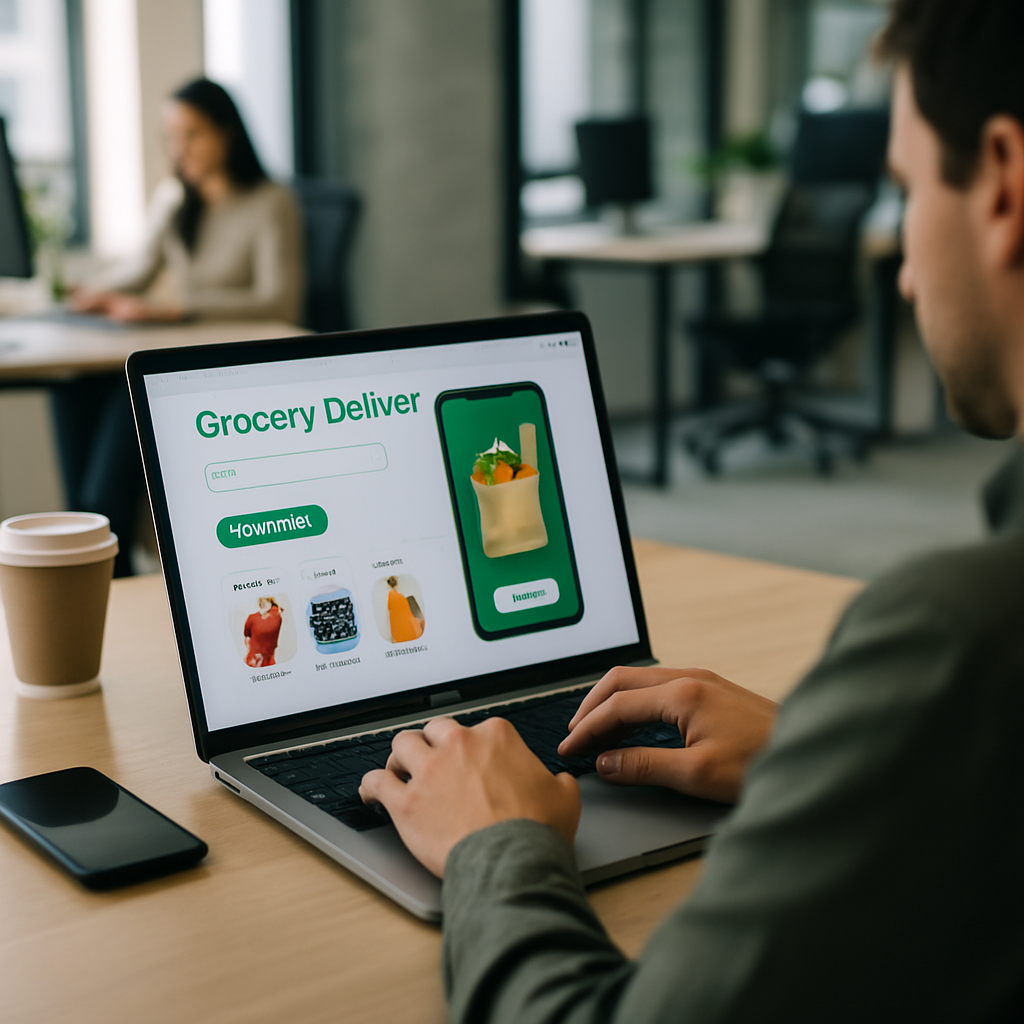 Shopper using grocery delivery app features on a smartphone in a modern kitchen
